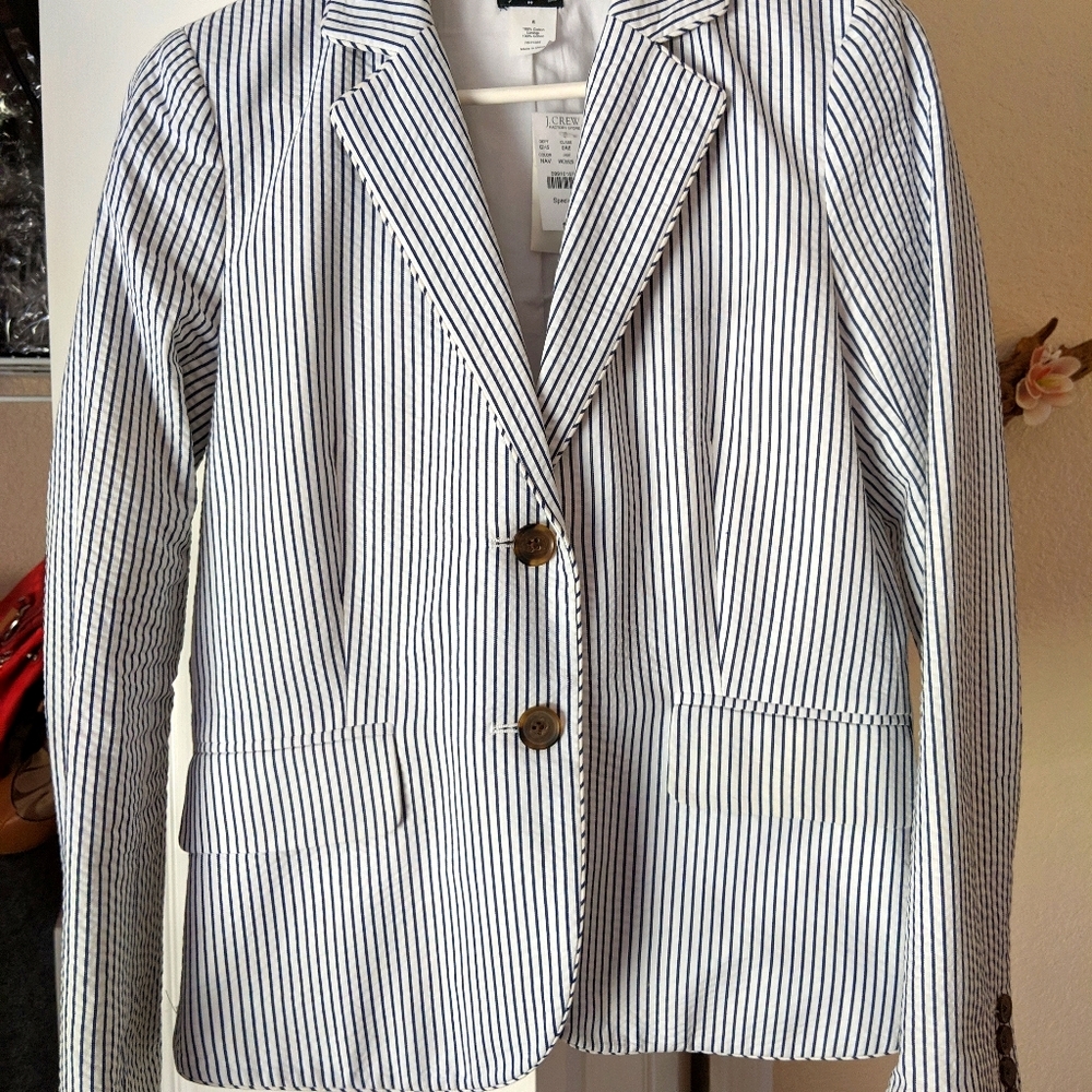 NWT J Crew Women's Navy White Seersucker Blazer